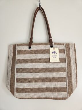 Striped Woven Tote Bag - Brown & Cream